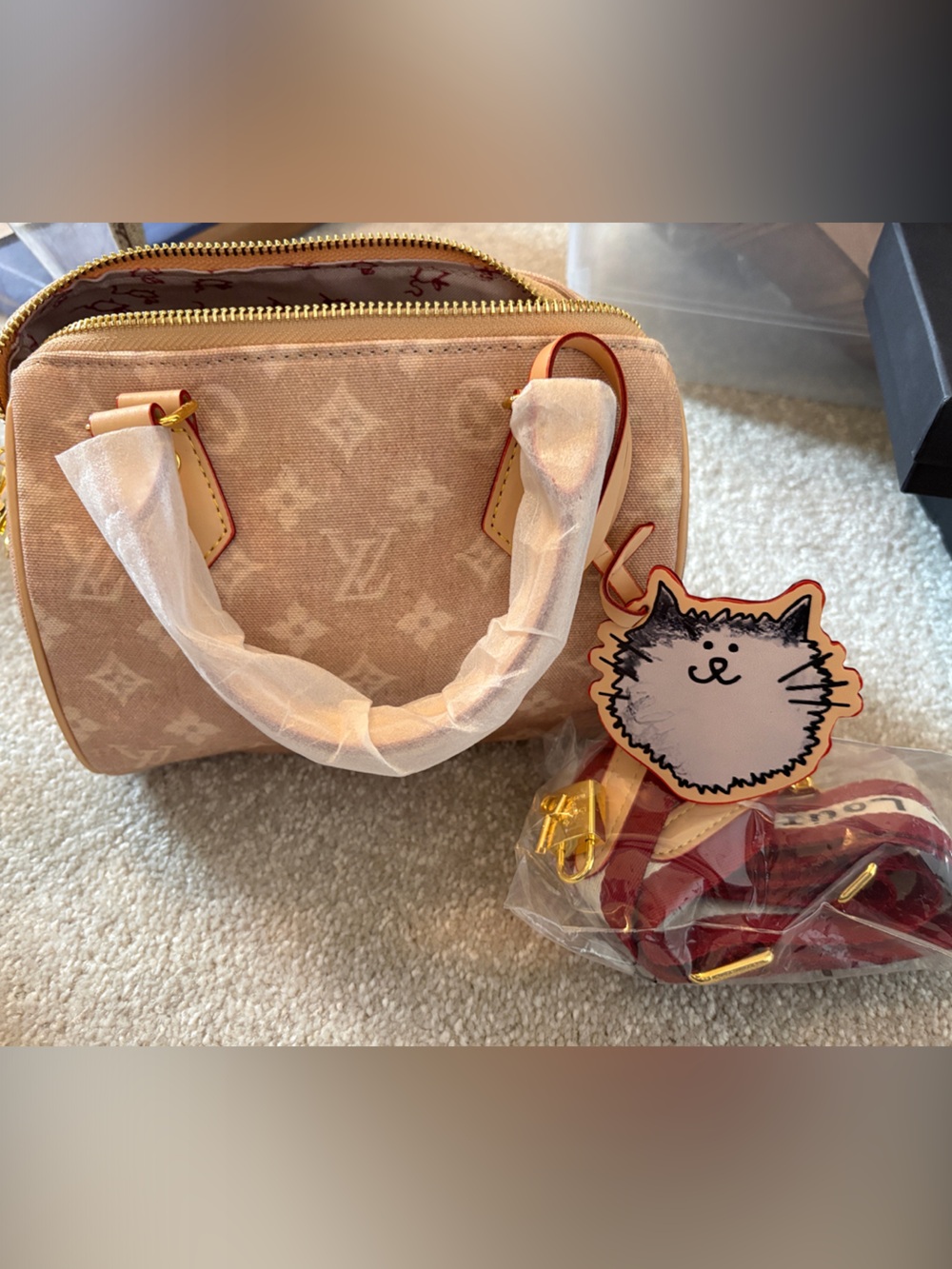 Pink Beige Monogram Mini Satchel with Red Strap Accent